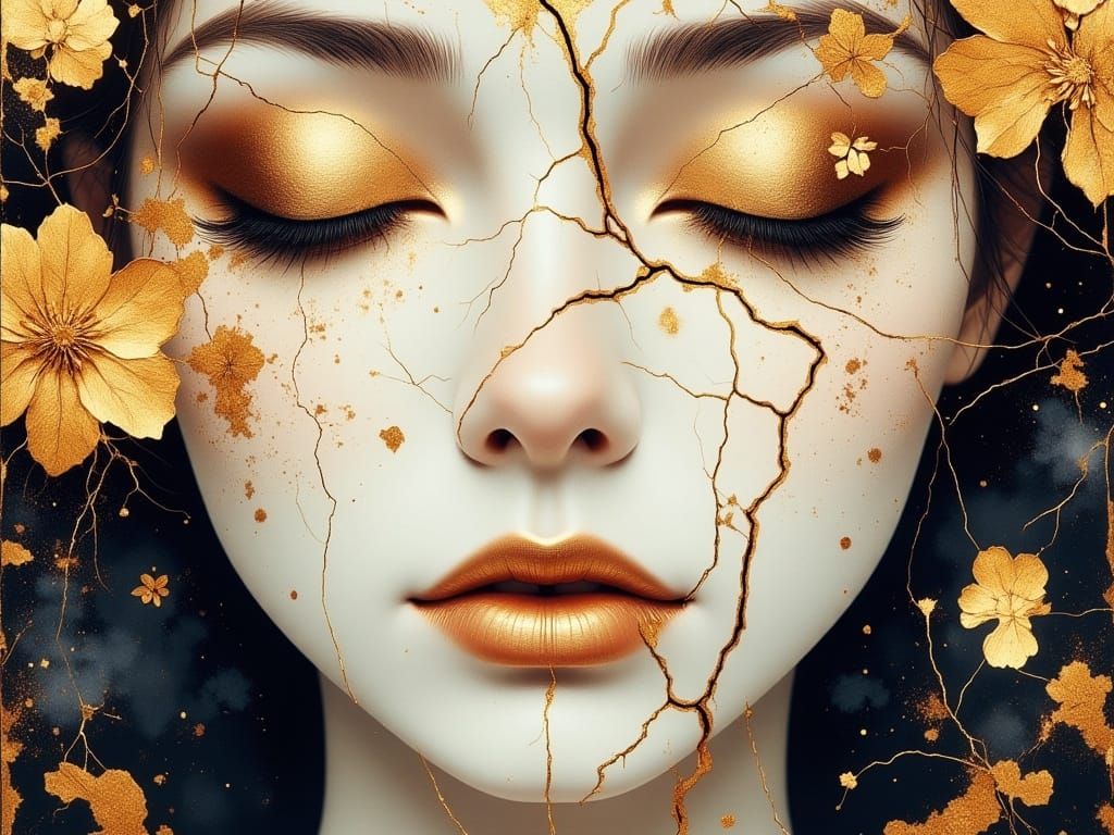 Golden Kintsugi Porcelain Face in Anime Style