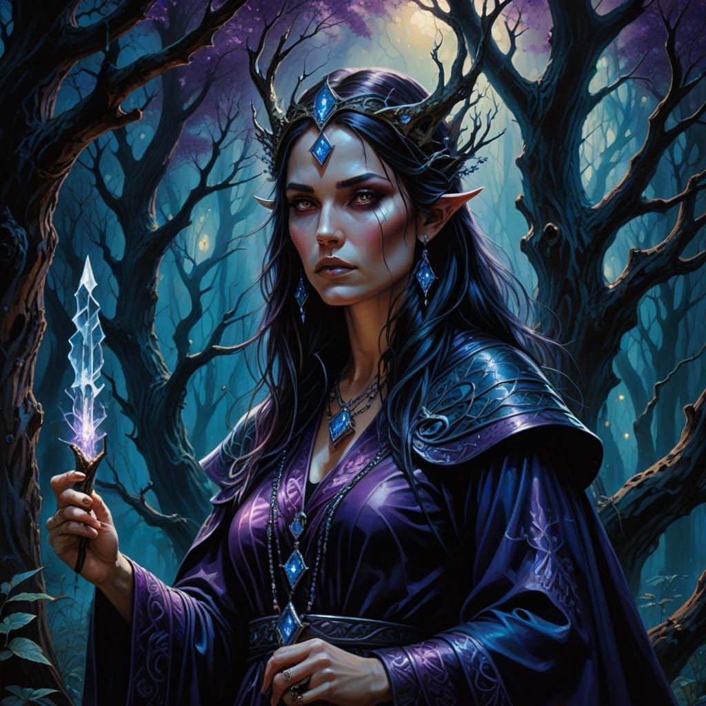 Mysterious Sorceress in Crystal Grove: Dark Fantasy