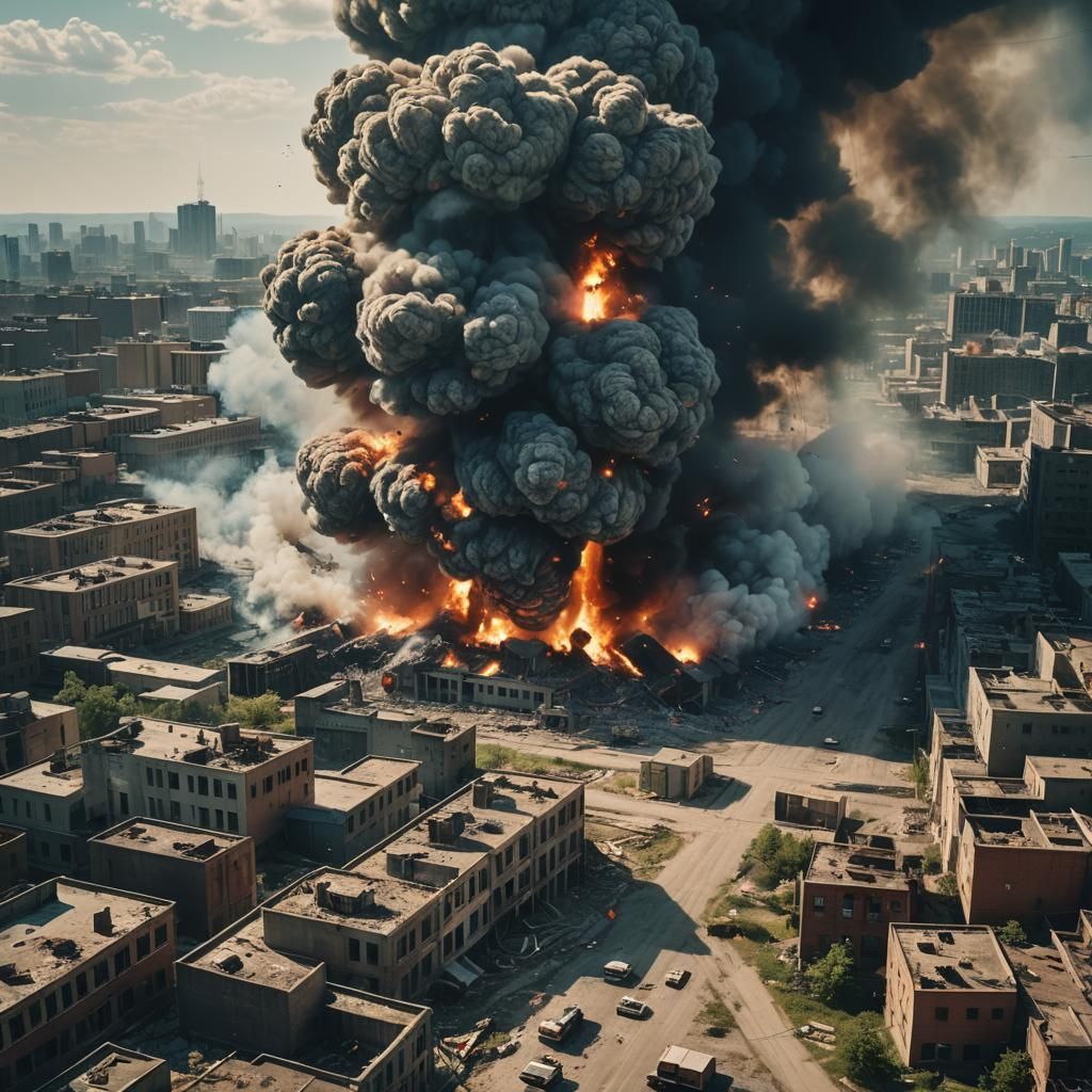 Dramatic Abandoned City Explosion: Cinematic Film Still