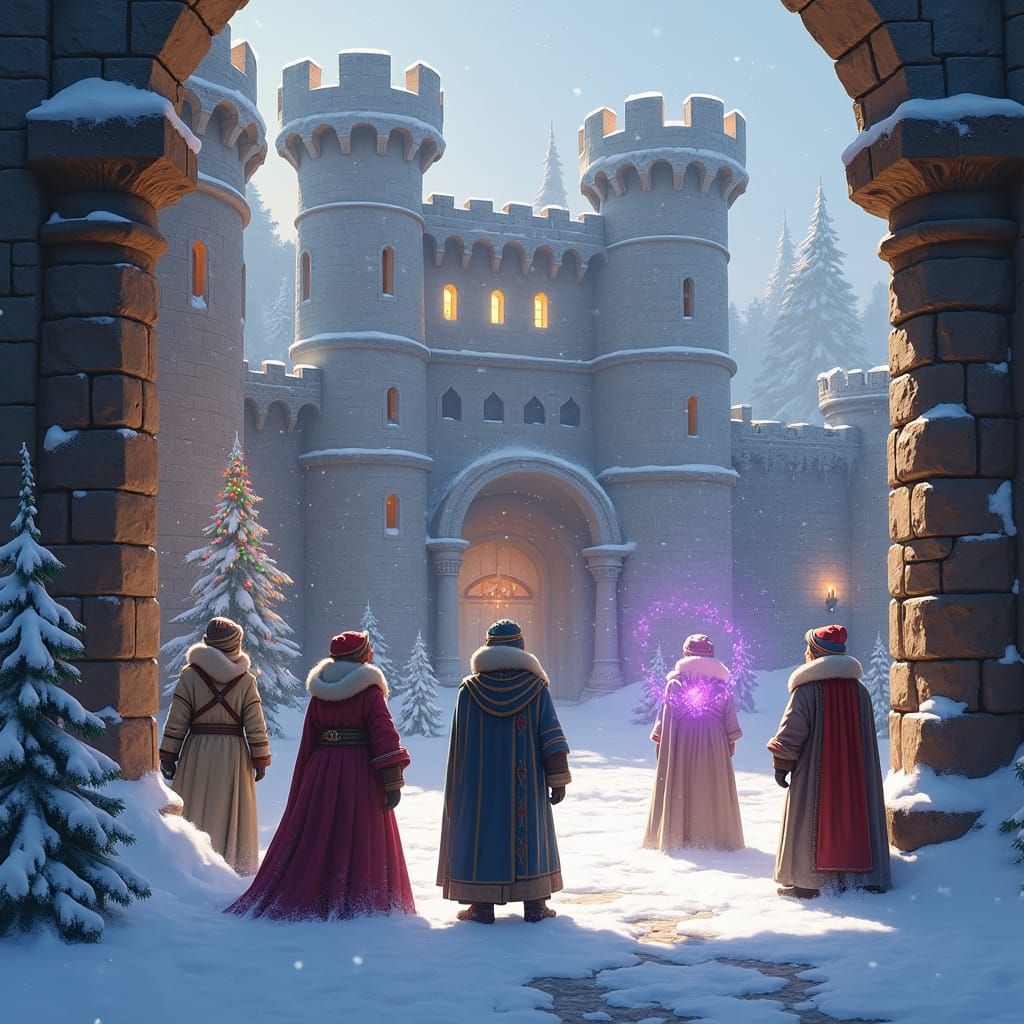 Winter Adventurers in Castle Courtyard, Matte Painting