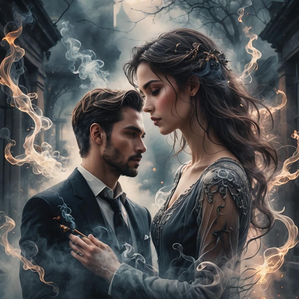 digital art handsome man and beautiful woman, love, desire, foggy, mystic, magical, smoke tendrils, bokeh dynamic lighti...