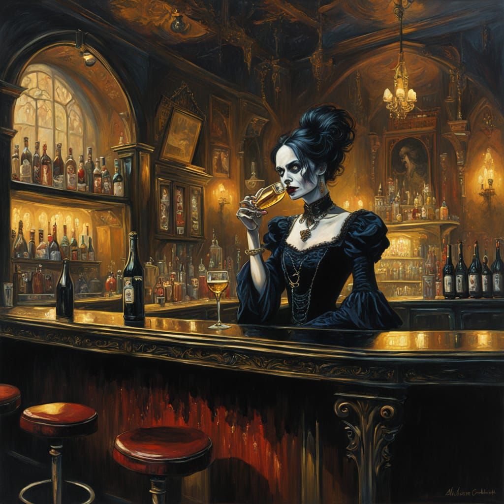 Gothic Bar Scene: Woman Drinks Champagne Amid Eerie Decor