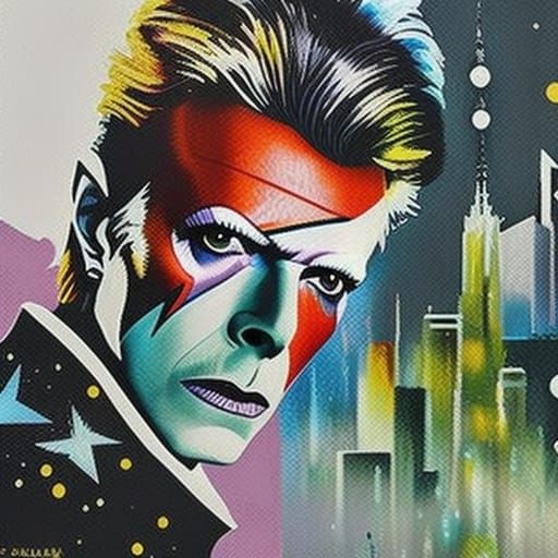 David Bowie in Detailed Liquid Gouache Cityscape