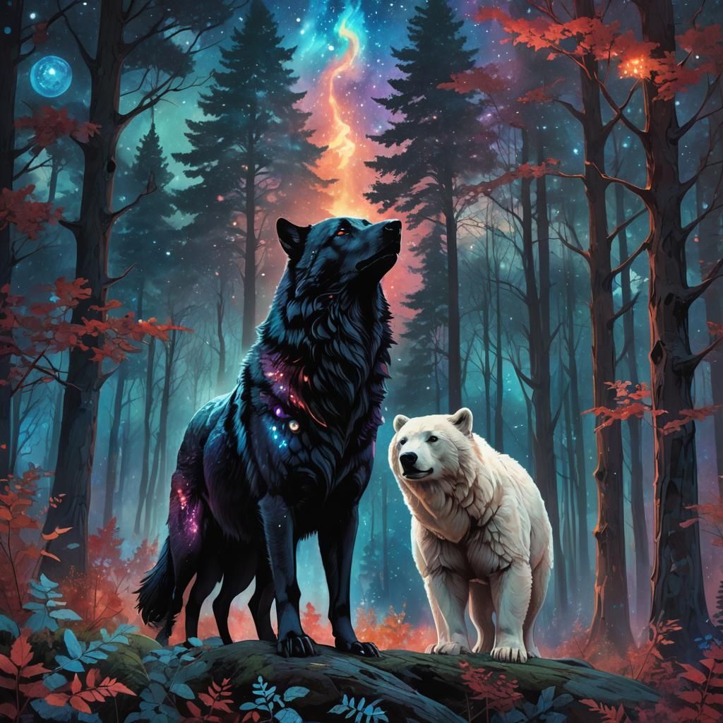 Fantasy Black Wolf and Polar Bear Digital Art