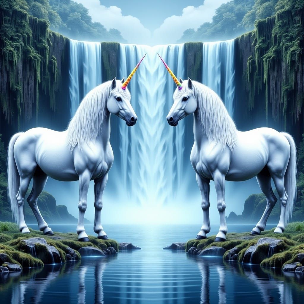 Symmetrical Unicorns Guarding a Waterfall
