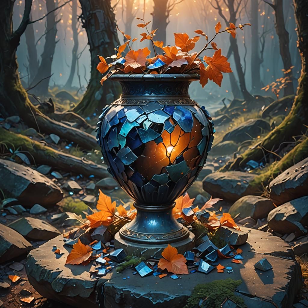 Broken Antique Vase in Mystical Forest