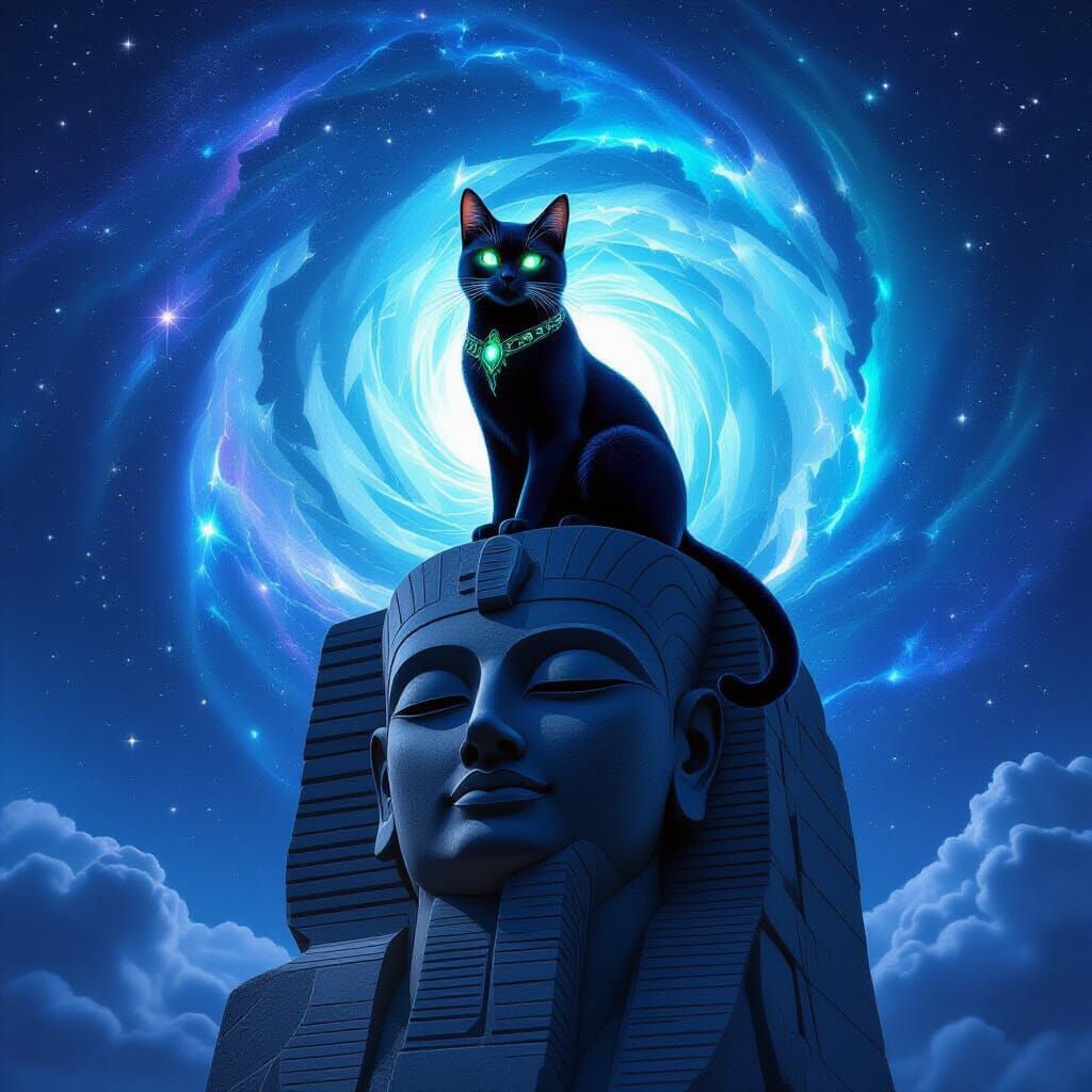 Obsidian Cat Gazes at Stardust Vortex on Ancient Statue