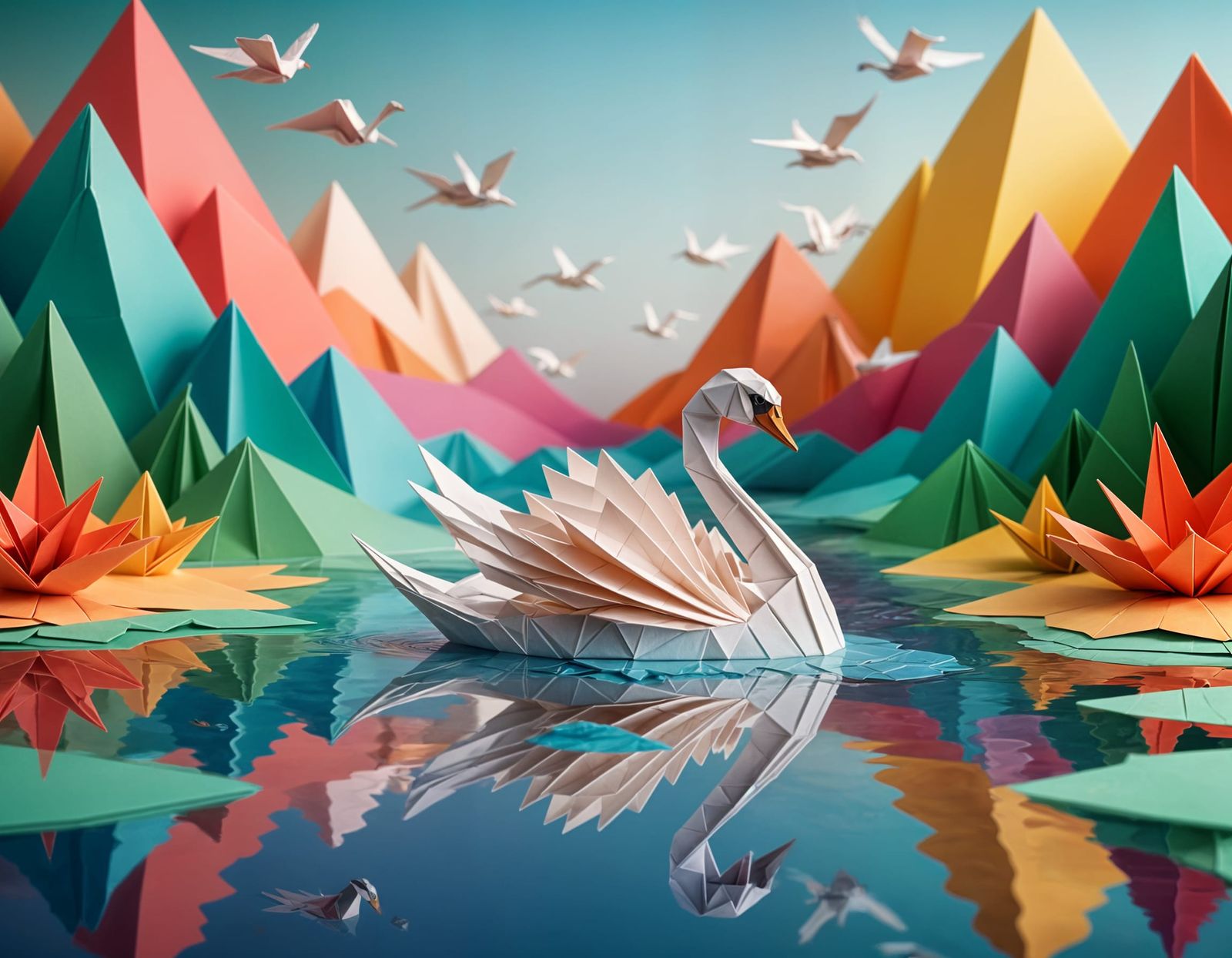 Epic Kirigami Swan in Colorful Origami Landscape