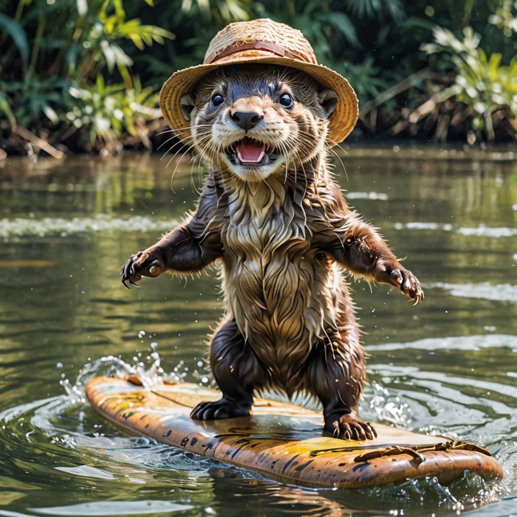 Smiling Otter Paddling in River, Watercolor Art