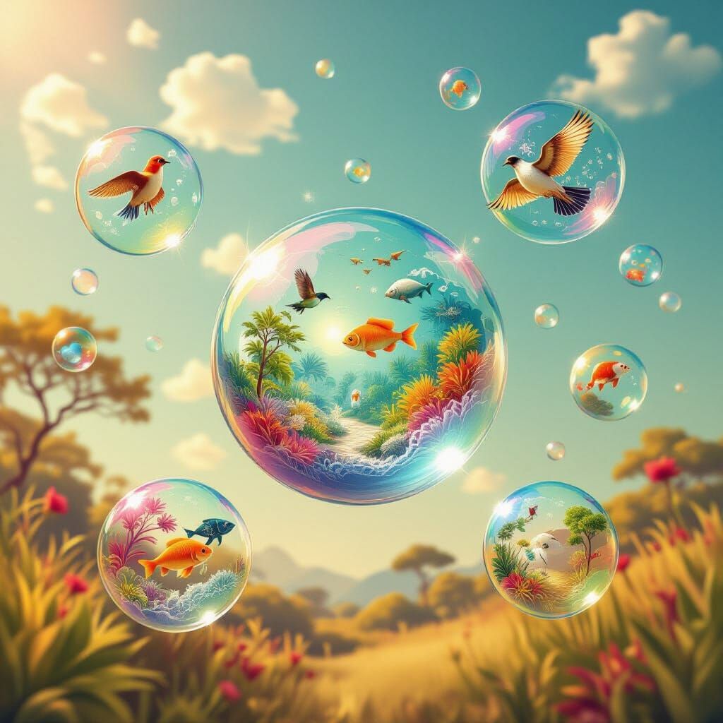 Animals in Bubbles with Abstract Fractal Design