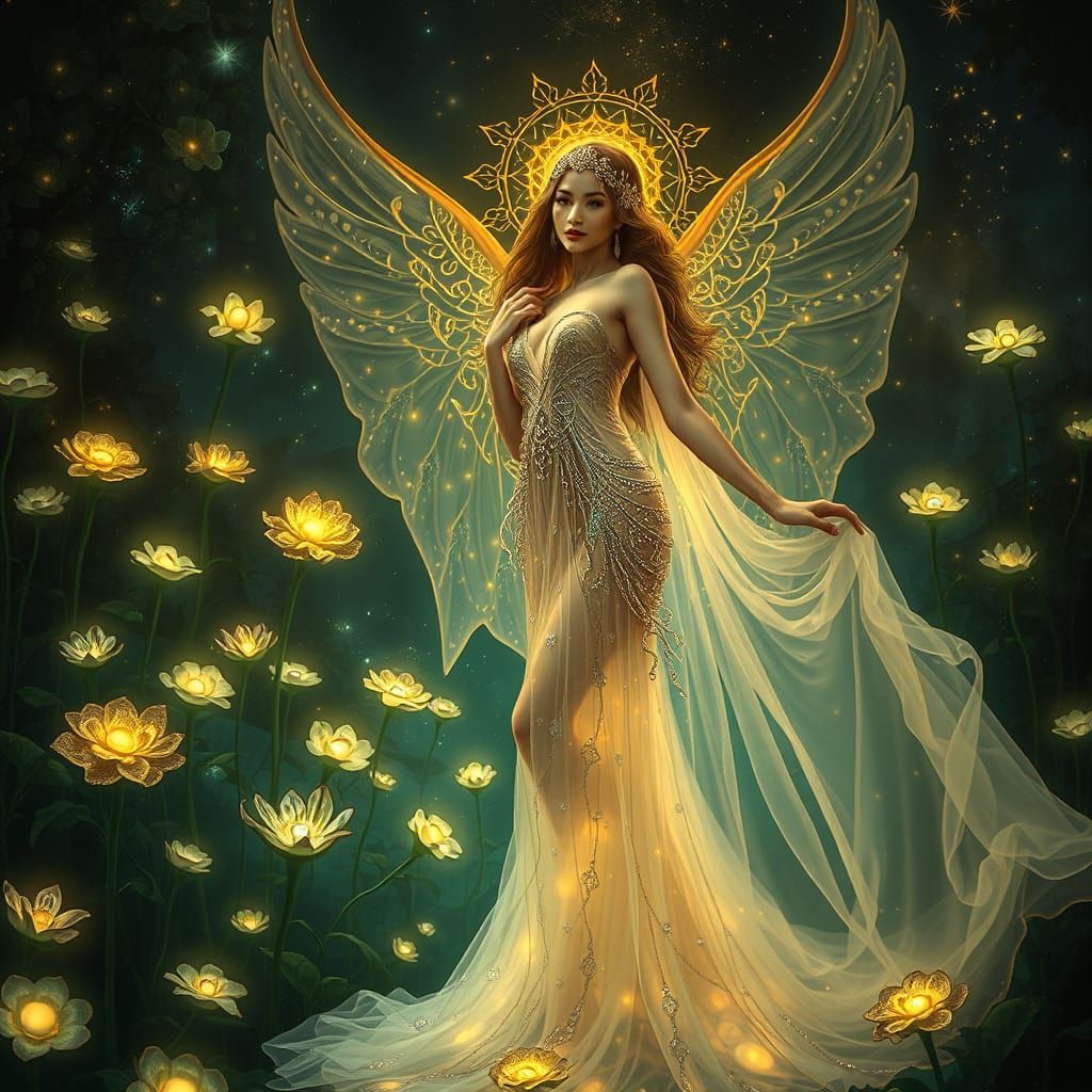 Ethereal Goddess in Bioluminescent Art Nouveau Landscape