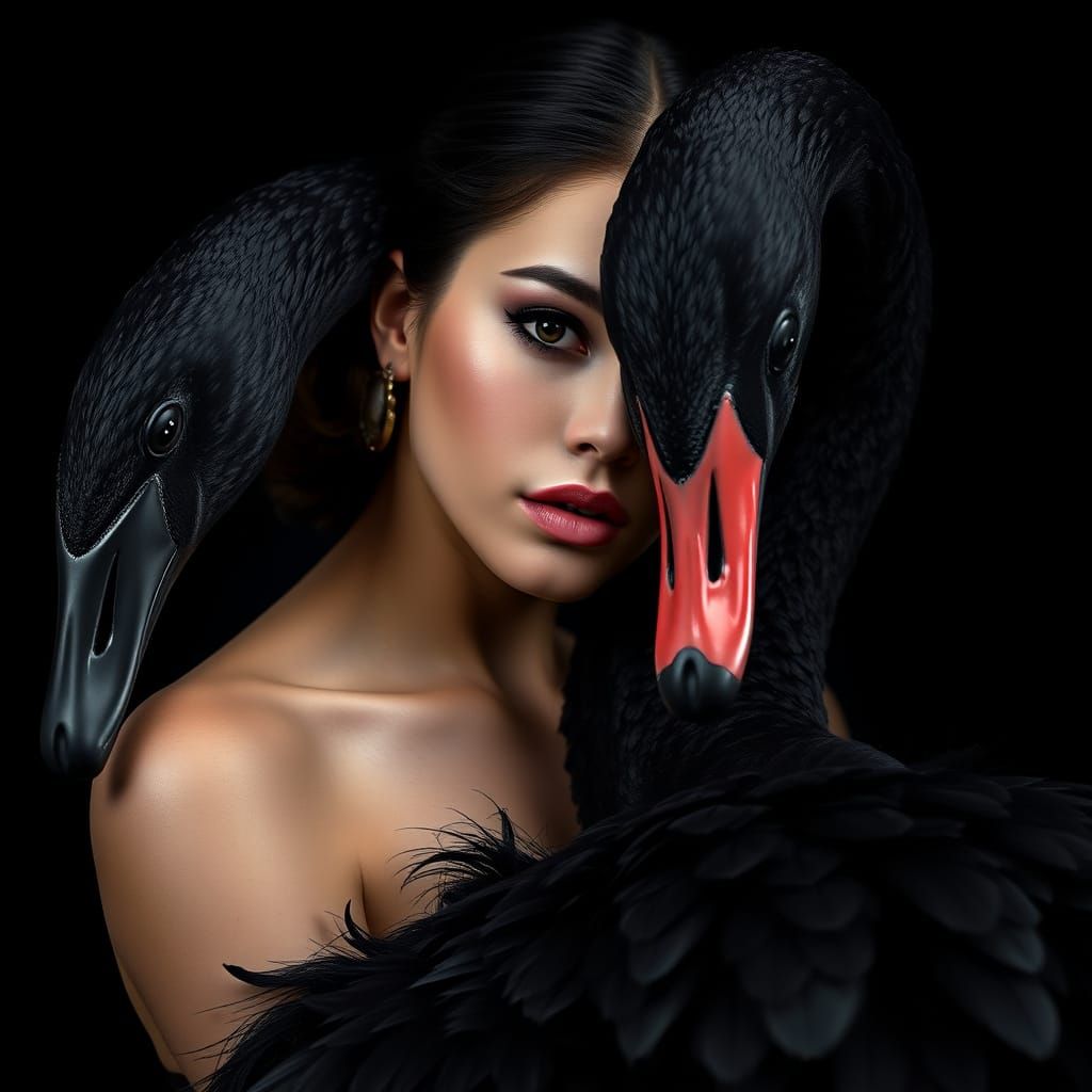 Elegant Woman with Black Swan in Monochromatic Art
