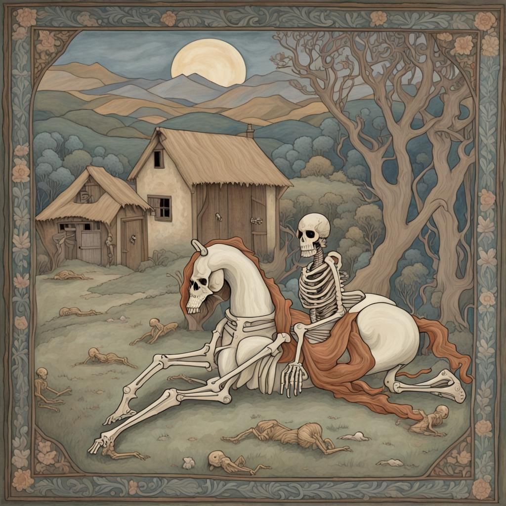 Skeleton Horseman in Nepalese Village: Art Nouveau Oil Paint...