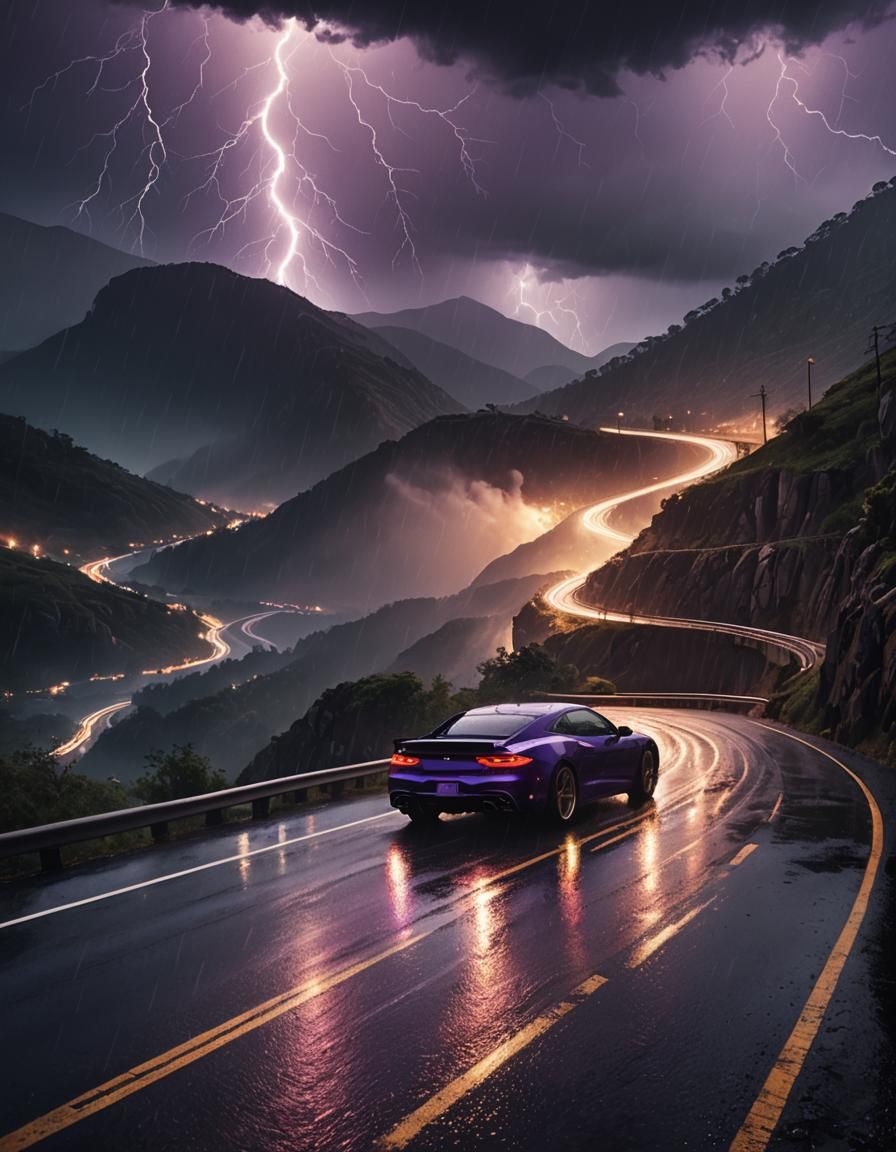 Car Driving on Mountain Road in Heavy Rain