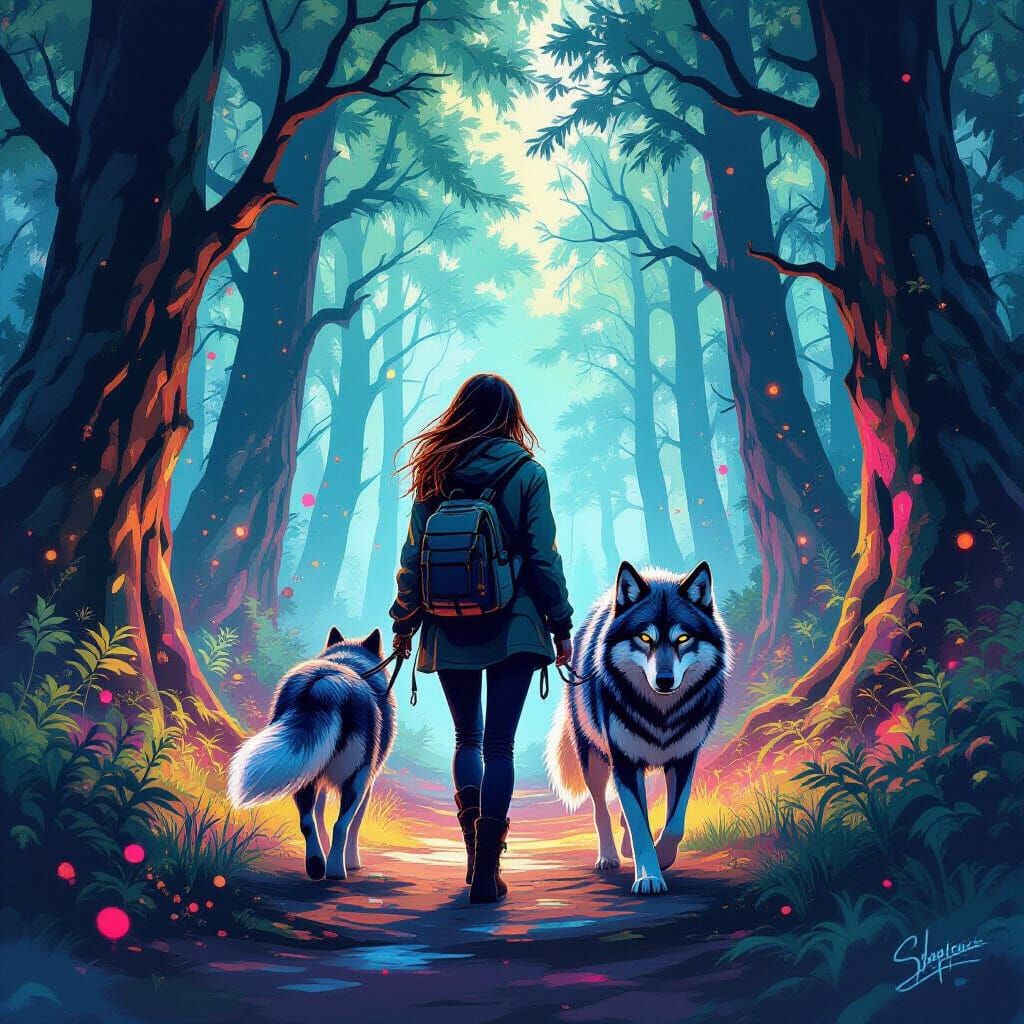 Ethereal Forest Walk with Majestic Wolf in Graffiti Art Styl...
