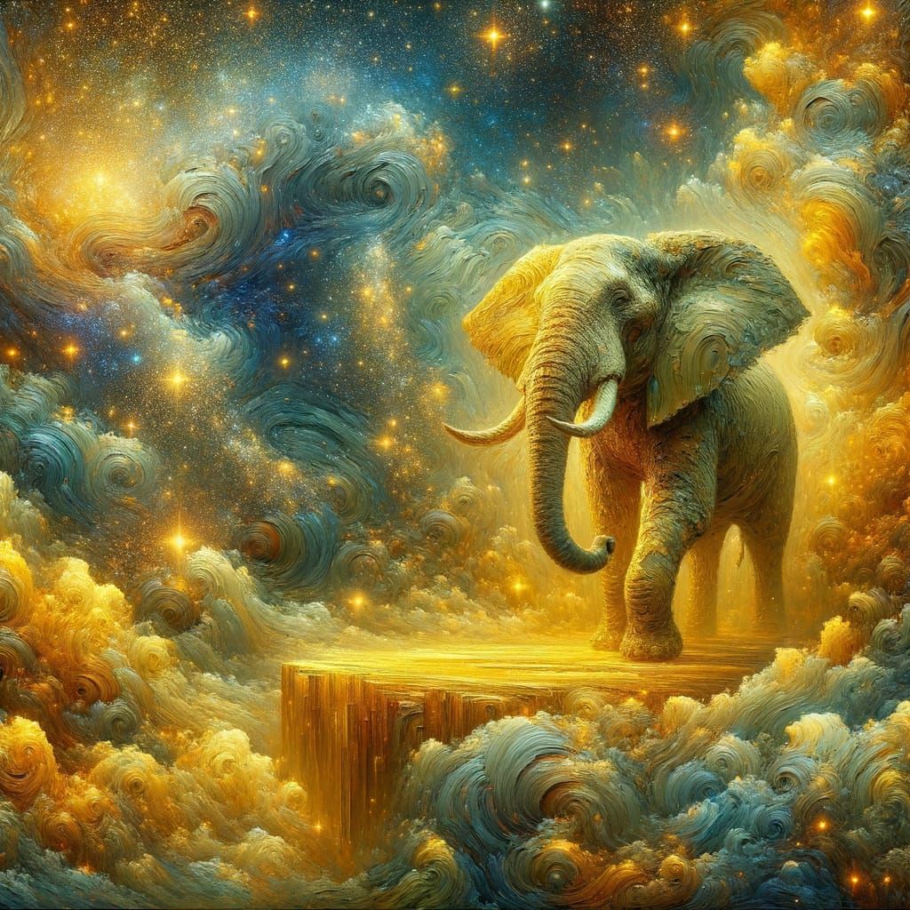 Majestic Elephant in Celestial Dreamscape with Golden Hues