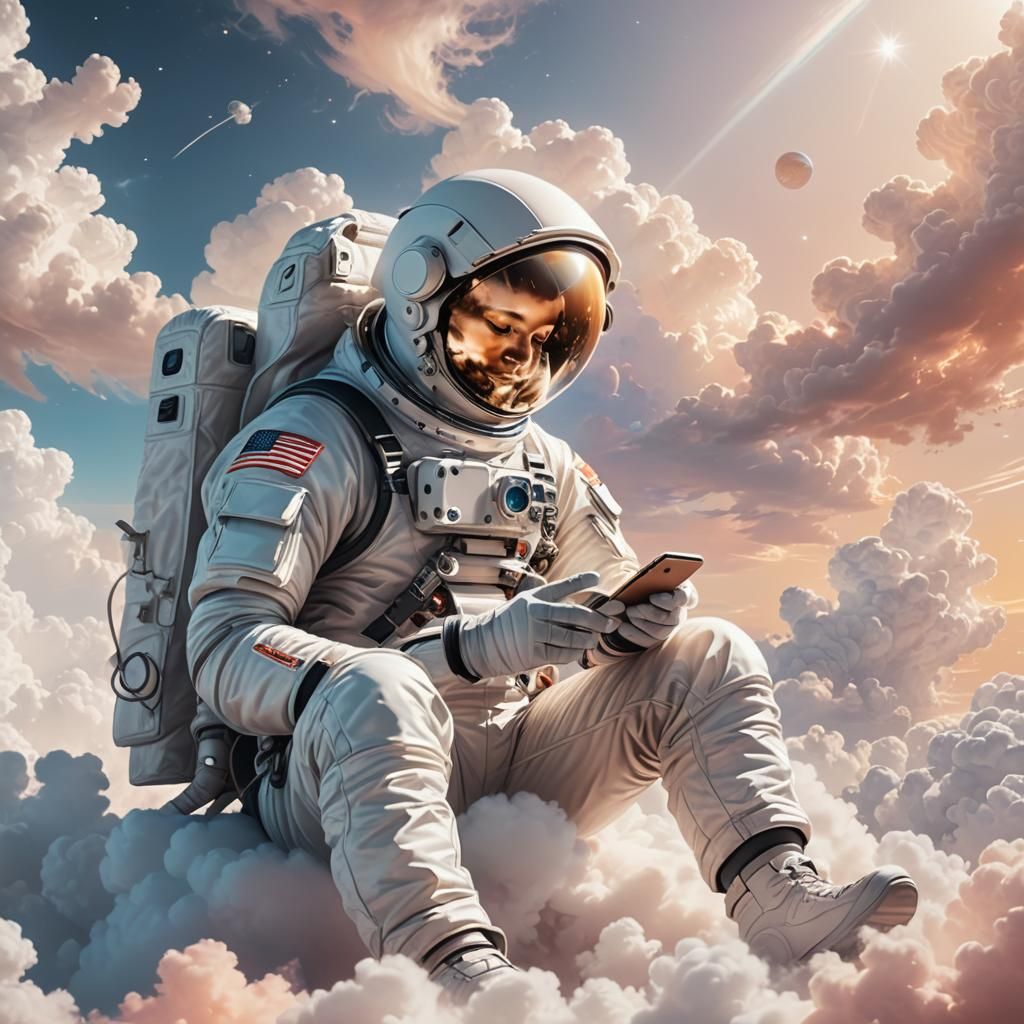 Astronaut on Clouds with Phone in Digital Art