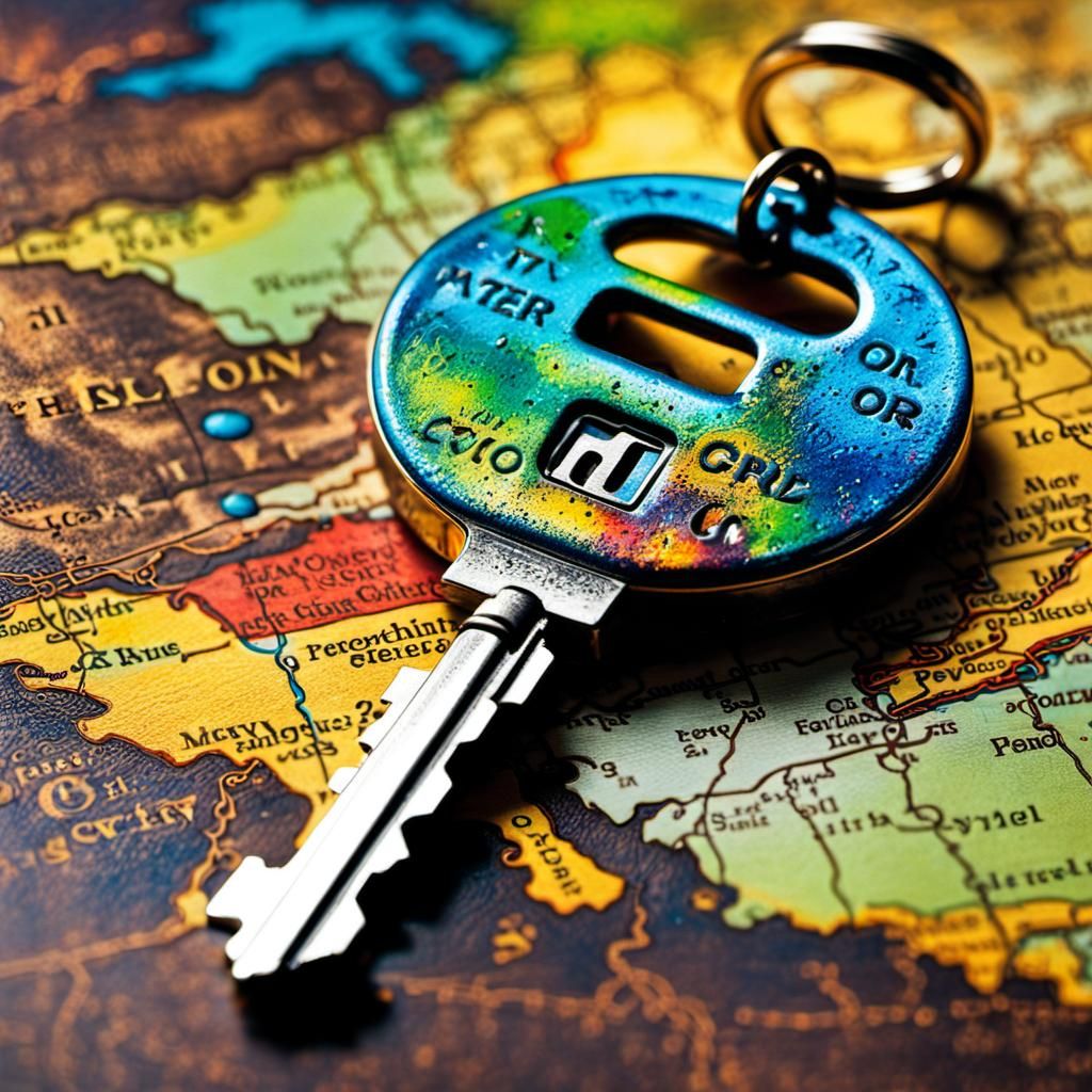 Mysterious Keyring on Map in Graffiti Art Style