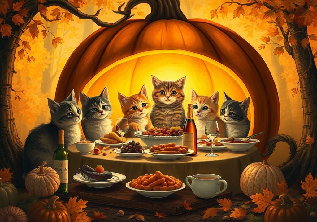 Cozy Cat Family Dinner in Pumpkin, Autumn Forest
