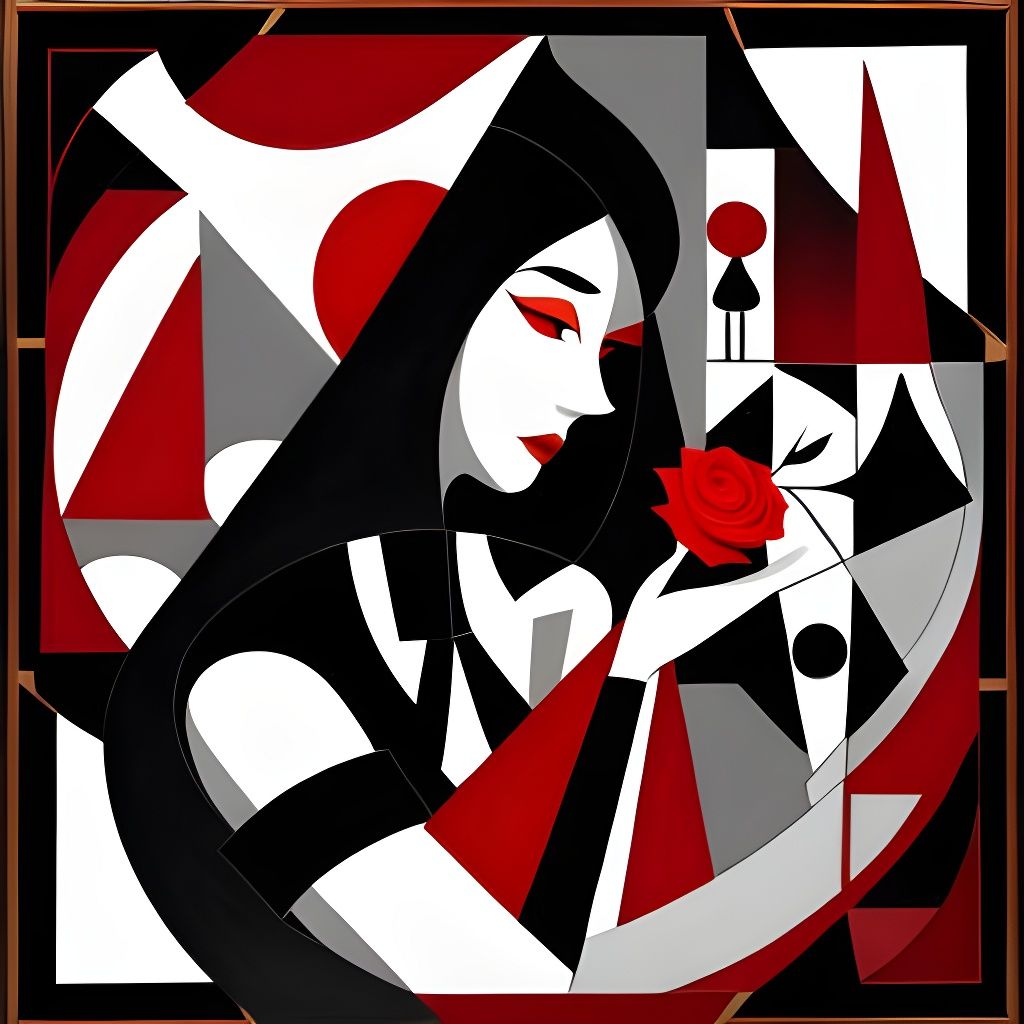 Abstract Face with Red Accents in Cubist Style