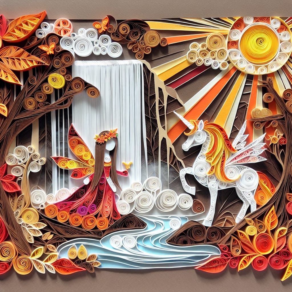 Unicorn and Fairy Quilled Paper Mosaic in Zentangle Style
