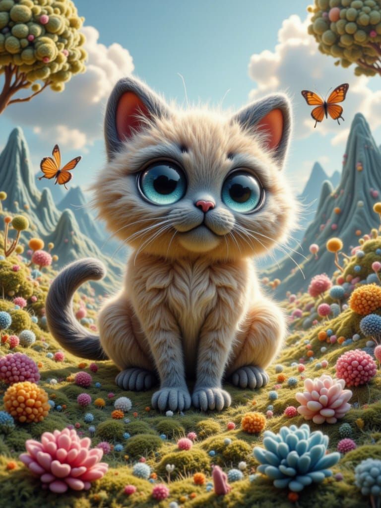 Fuzzy Siamese Cat in Colorful Landscape