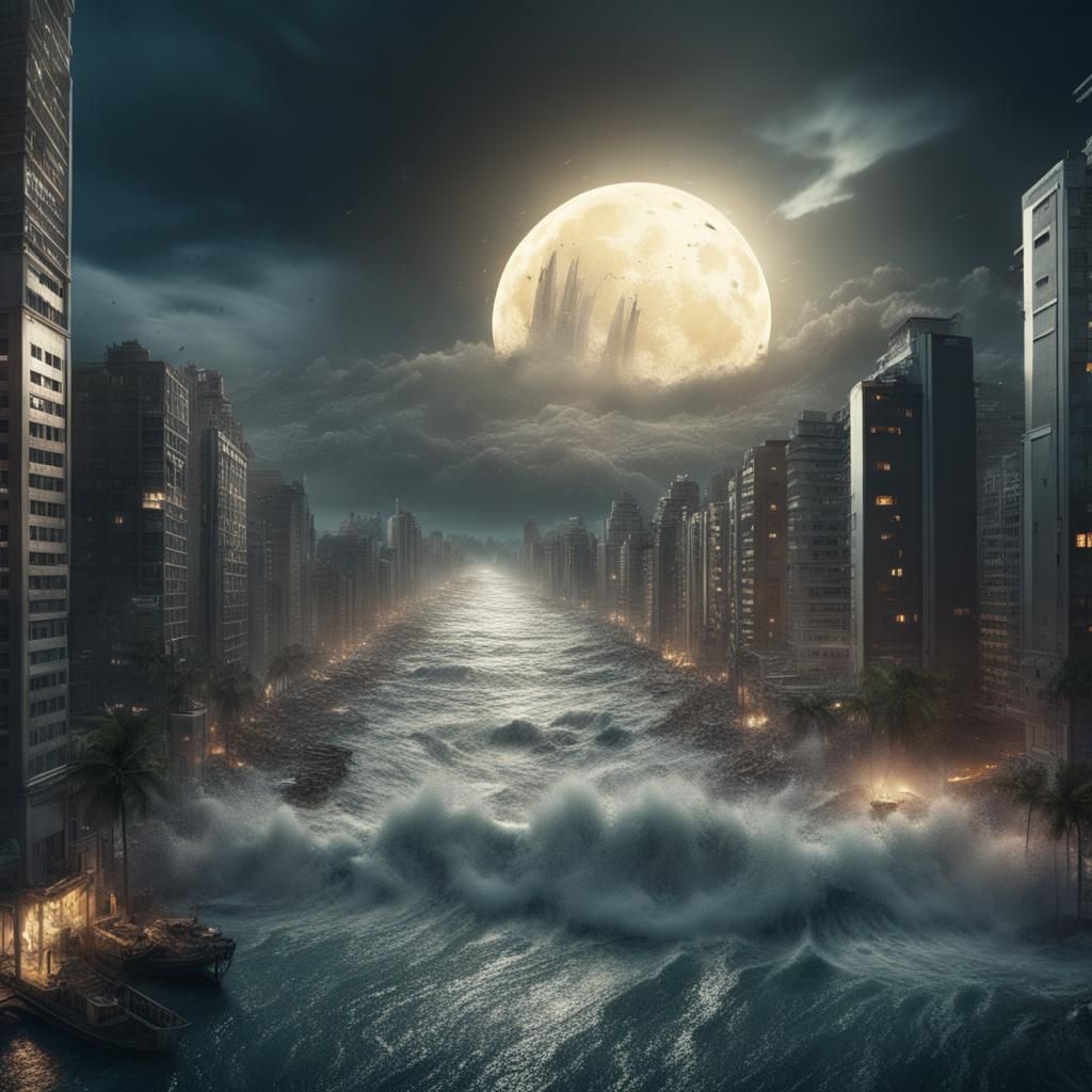 Moonlit Tsunami Devastates City: Digital Matte Painting