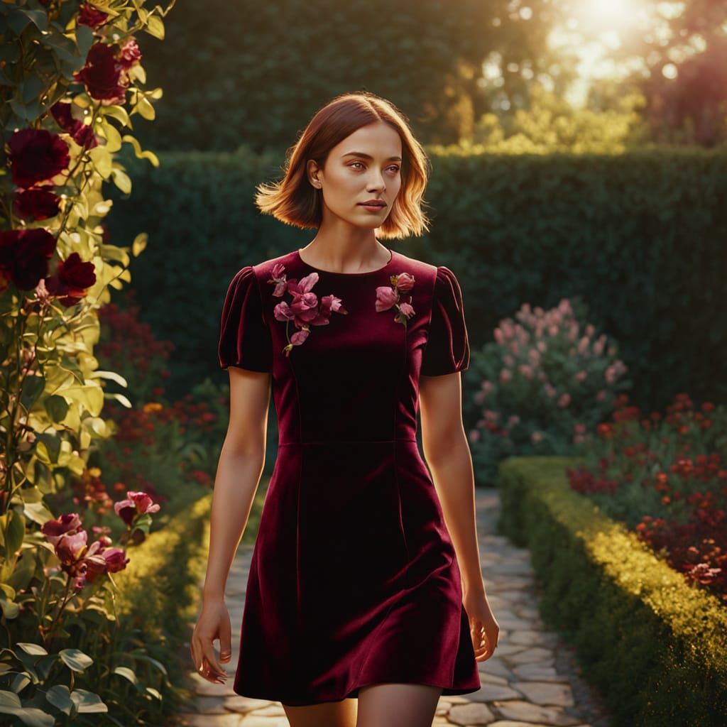 Woman in Velvet Dress in a Flower Garden
