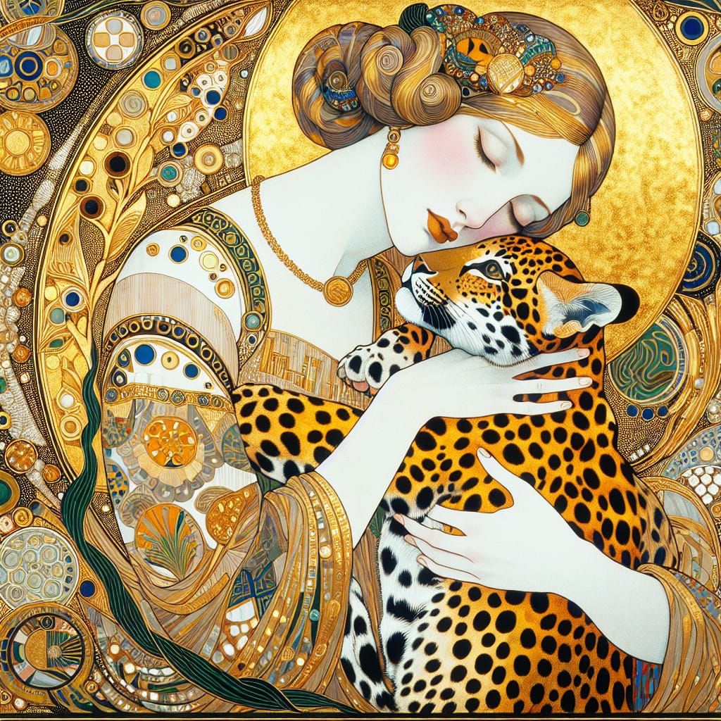 Woman with Jaguar Cub in Klimt Style
