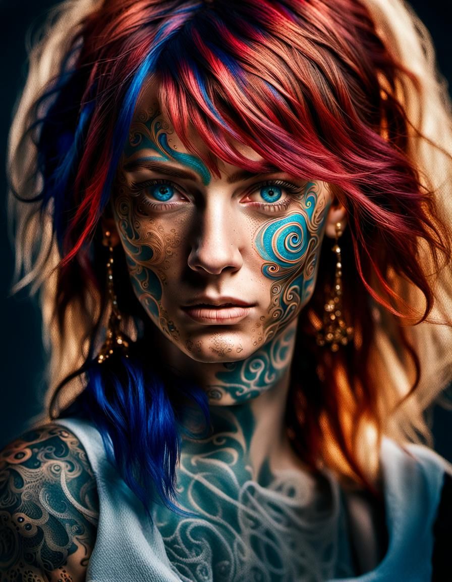 Hyperrealistic Portrait of Woman with Tattoos