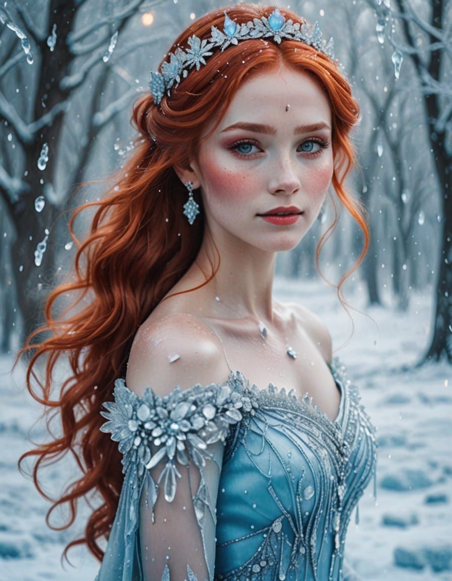 Ice Princess Portrait with Red Hair and Diamonds