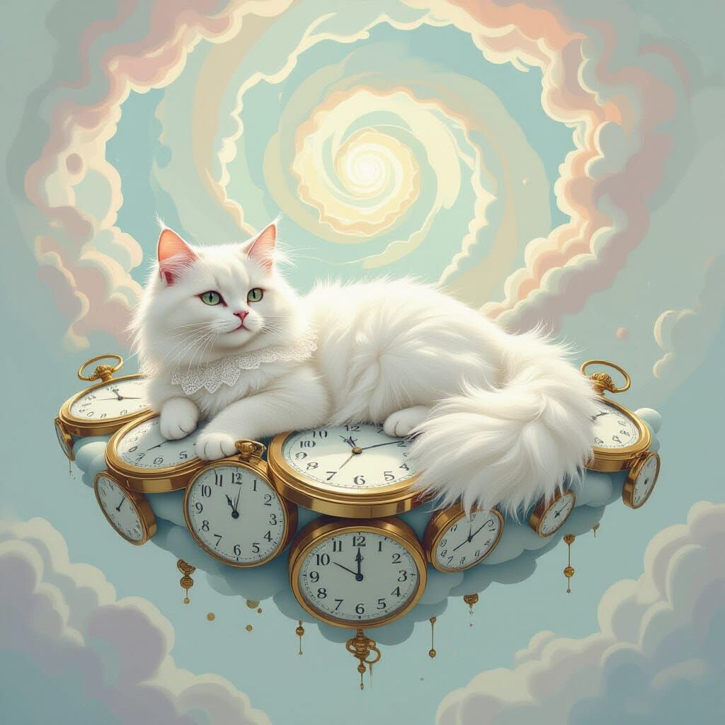 Fluffy Cat on Melting Island in Watercolor Style