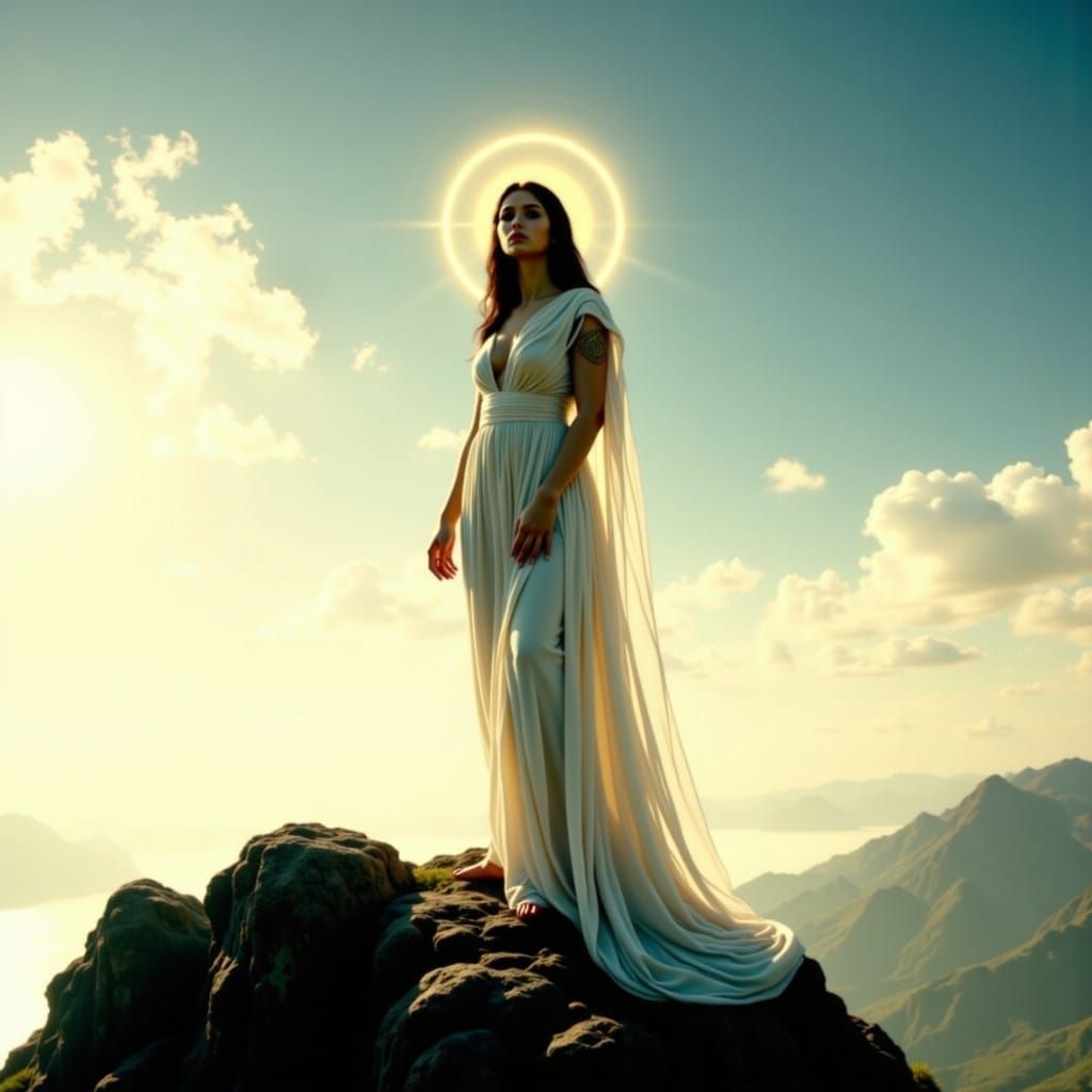Goddess on Majestic Mountain Summit in Cinematic Film Style