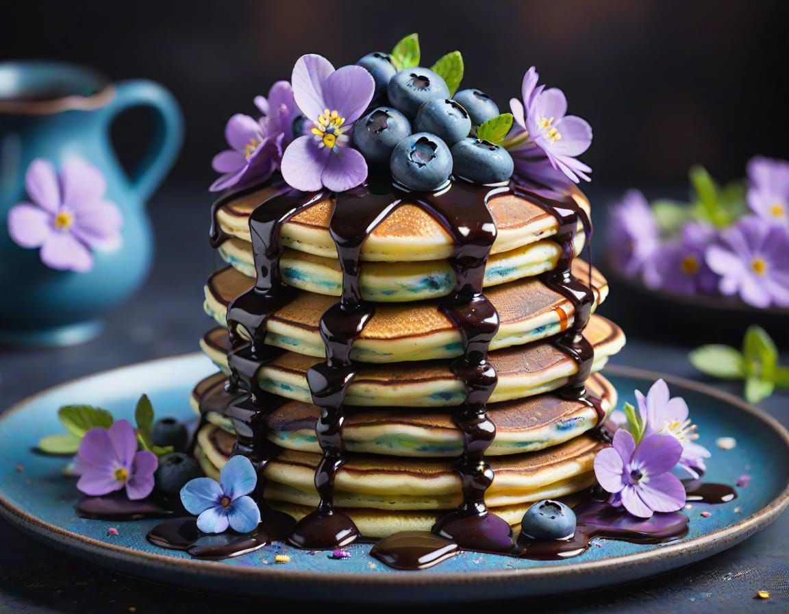 A colorful stack of blue pancakes, adorned with blueberries ...