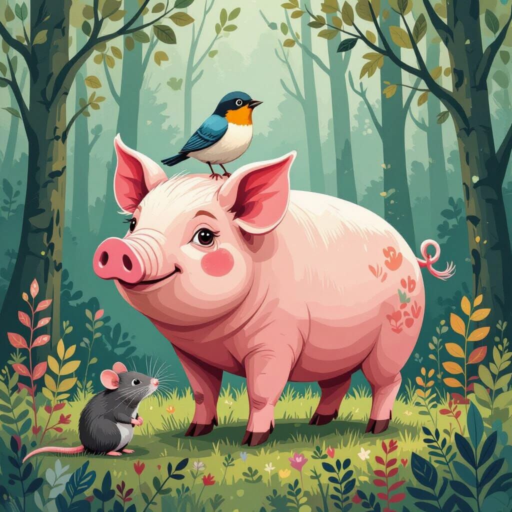 Whimsical Pig, Bird, and Rat in Forest Illustration