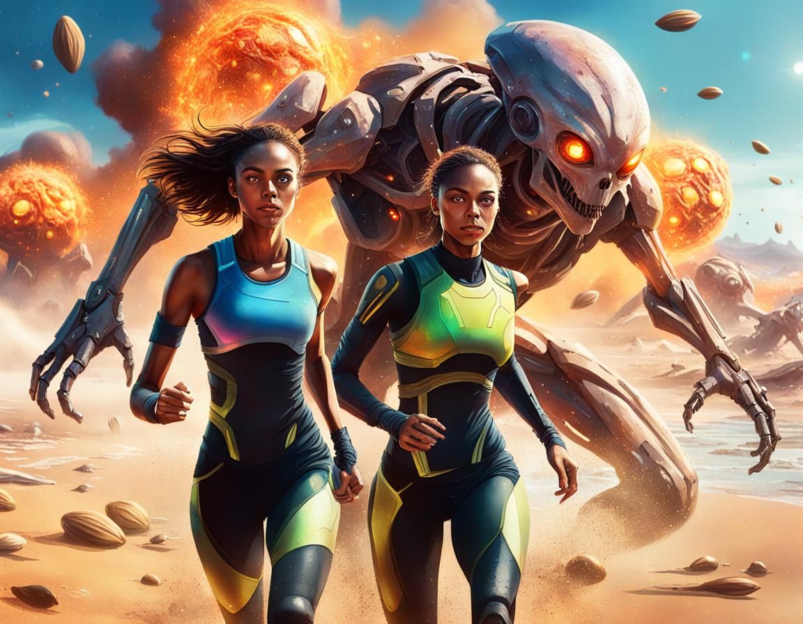 Girl and Android Run on Alien Beach in Sci-Fi Battle