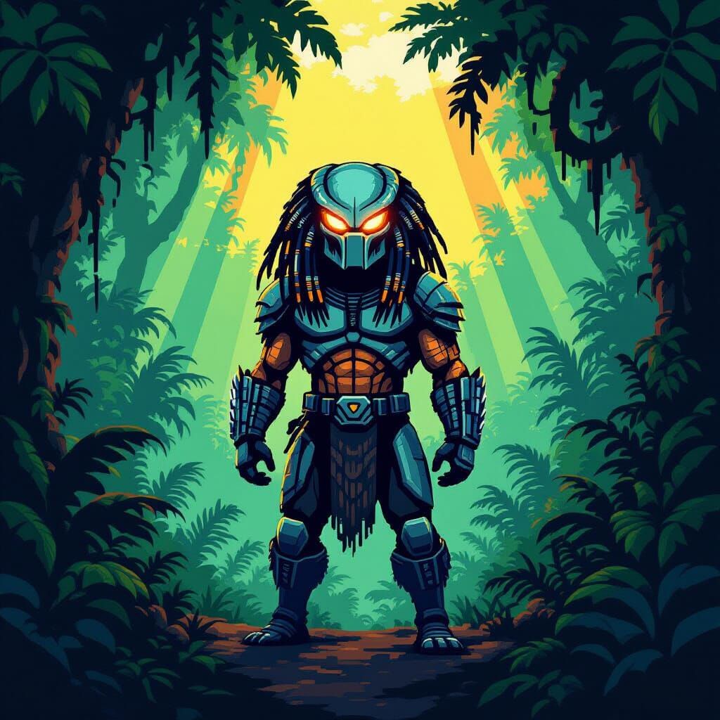 Predator Alien in Dense Jungle Pixel Art