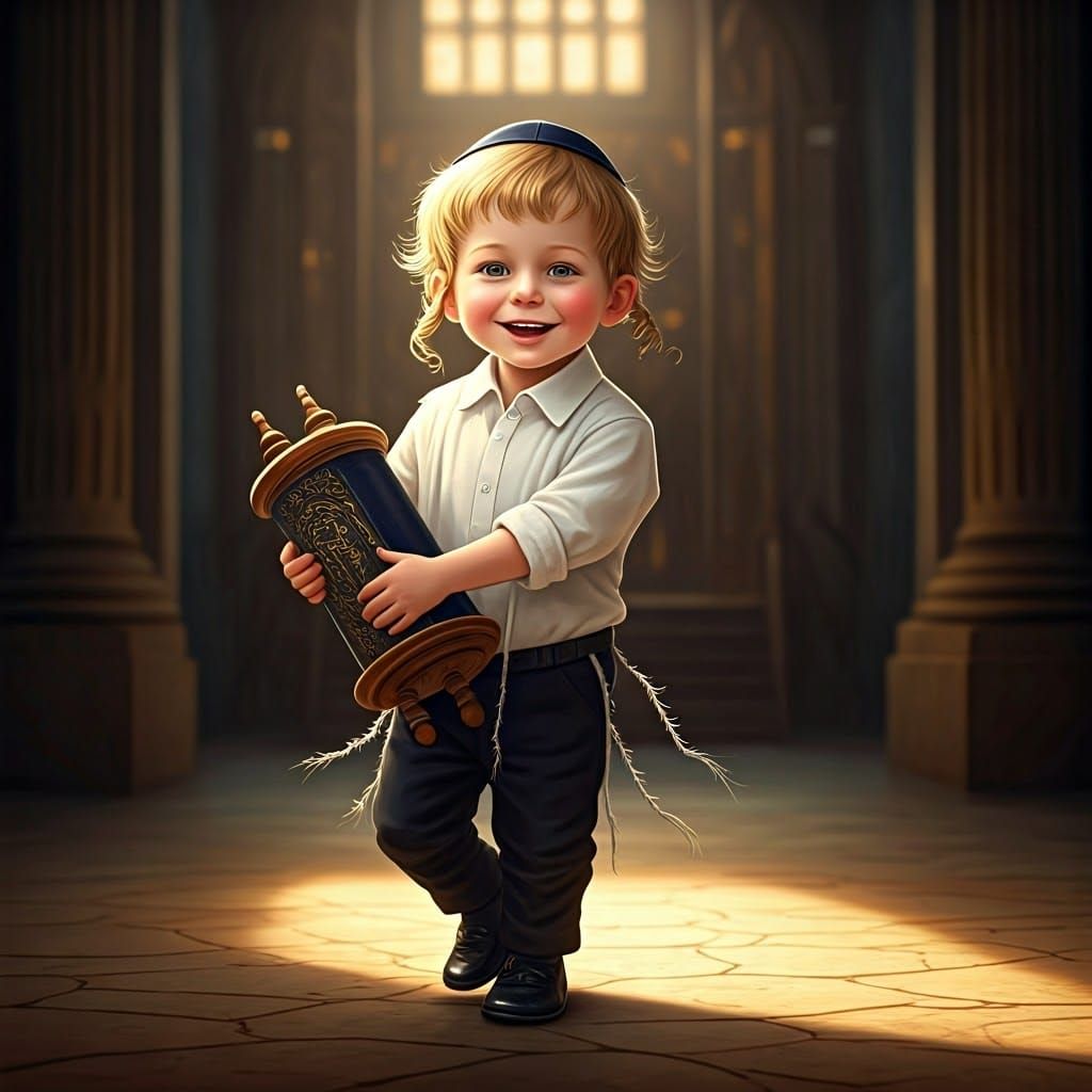 Joyful Boy Dancing with Torah: Whimsical Digital Art