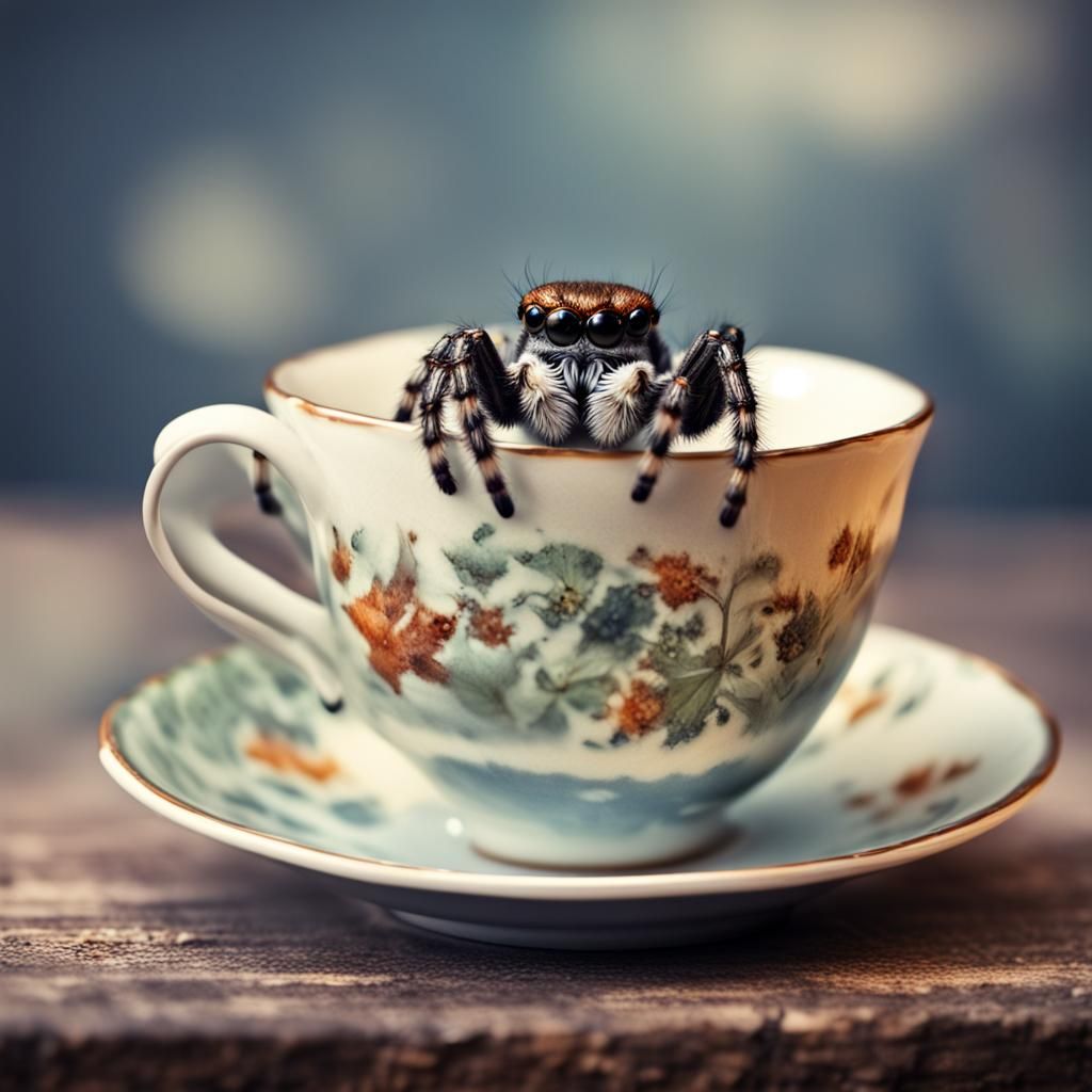 Hyperrealistic Jumping Spider in Teacup Macro Photograph