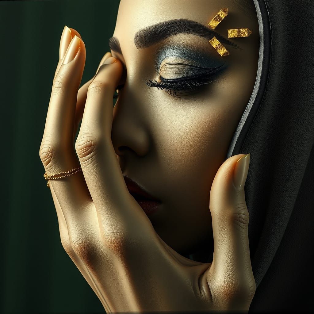 Surreal Face Fragment with Golden Hand