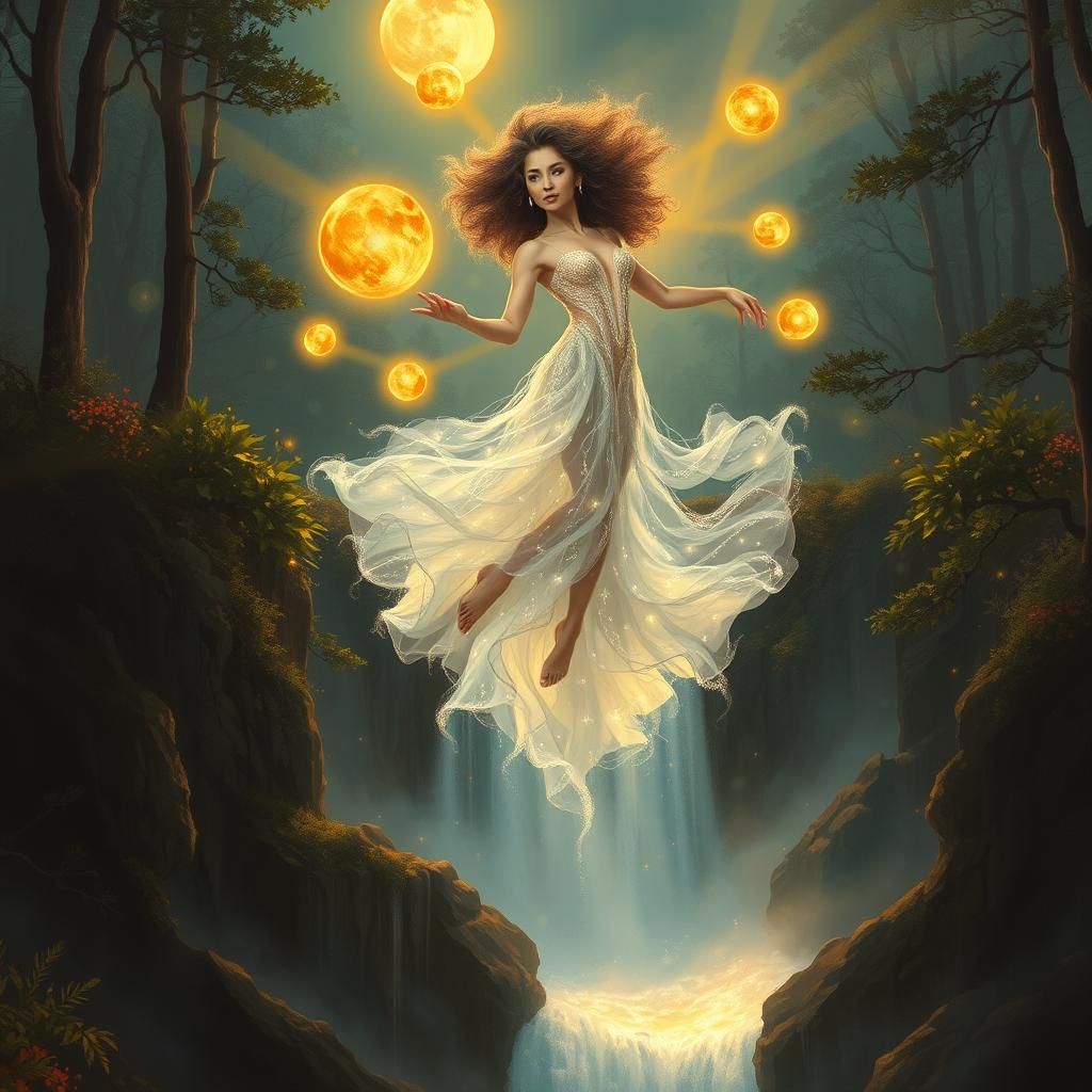 Woman Dancing Above Waterfall in Kinkade Style