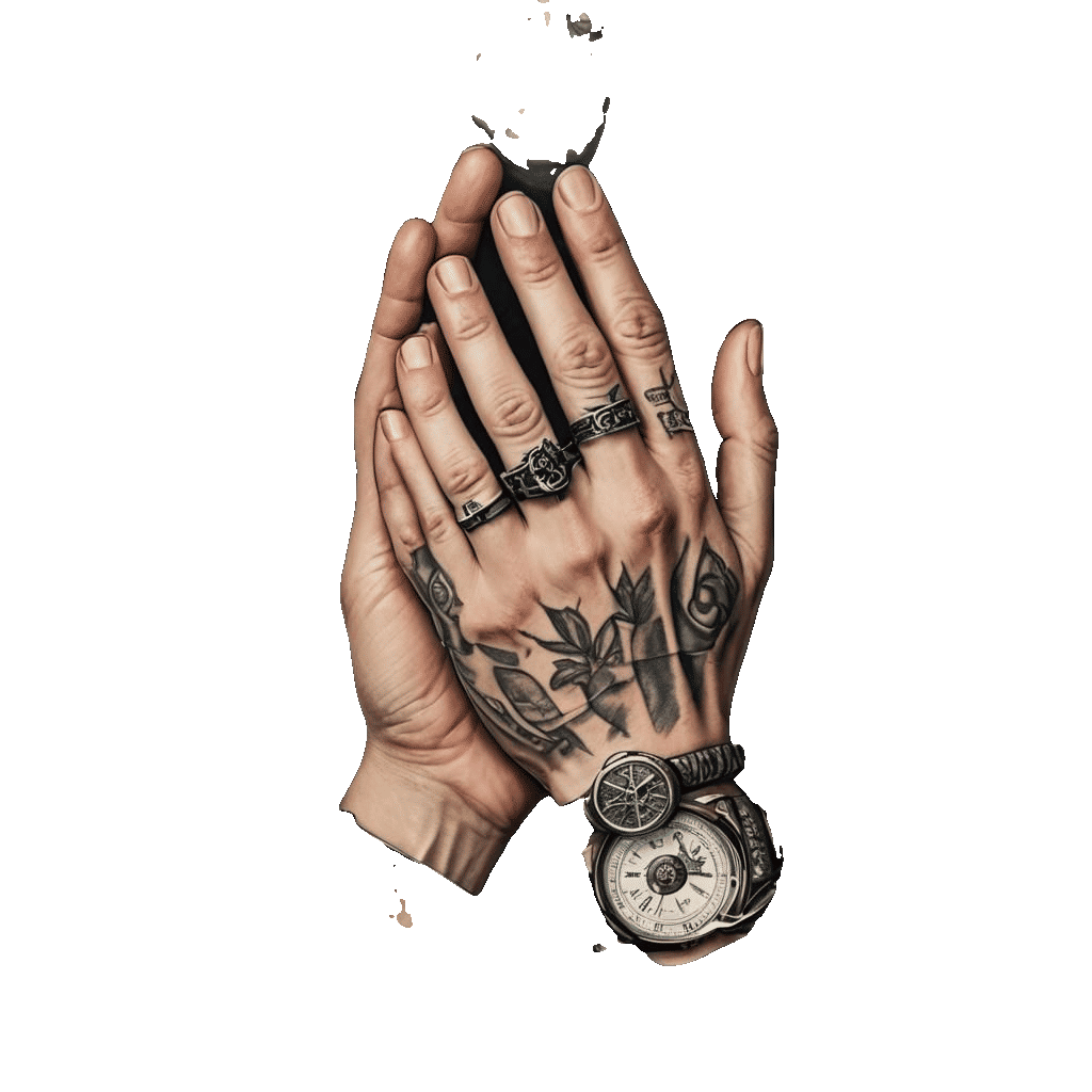 Praying Hands Portrait with Money and Tattoo