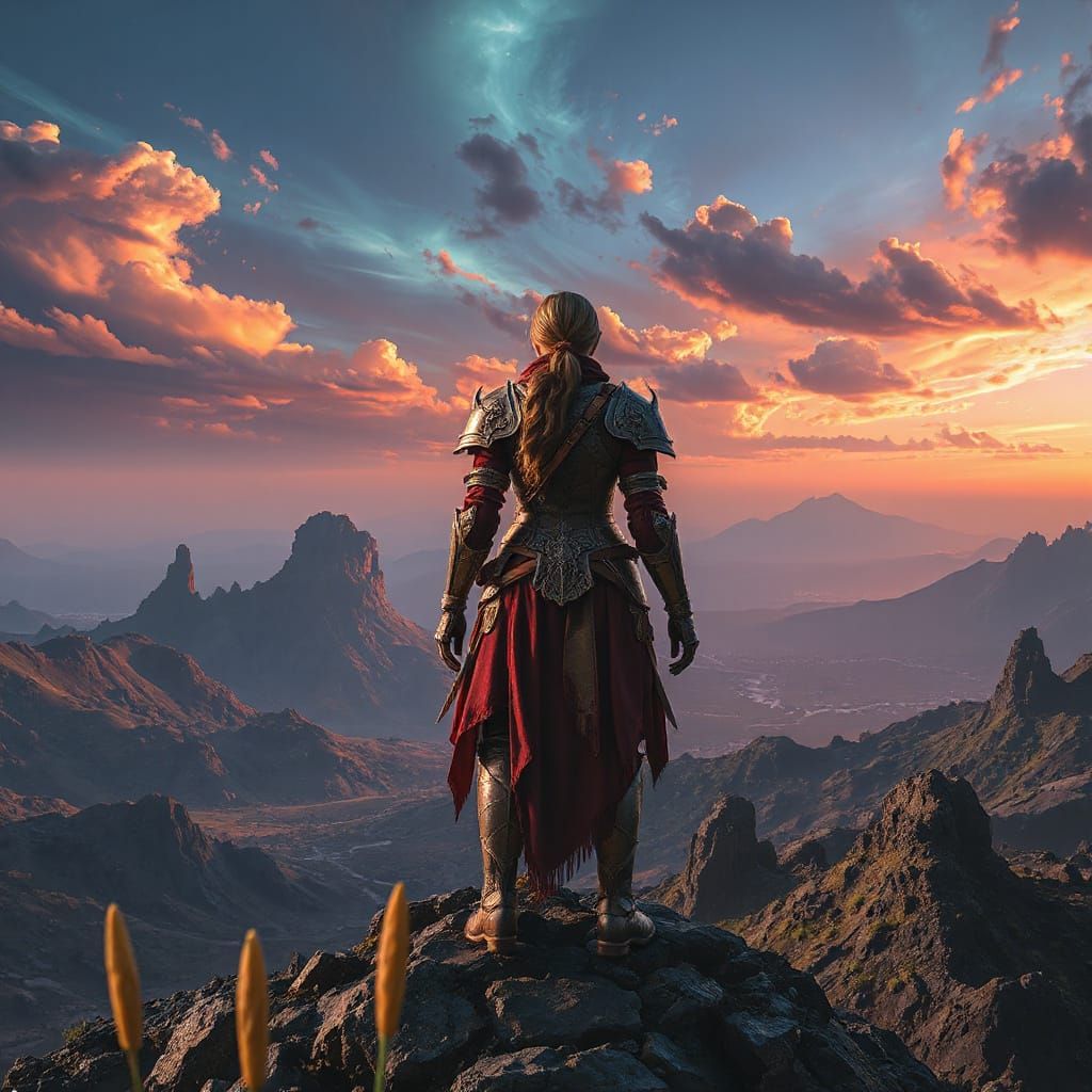 A lone warrior lady, clad in ornate, battle-worn armor, stands on a windswept mountain peak, gazing at a vast, alien lan...