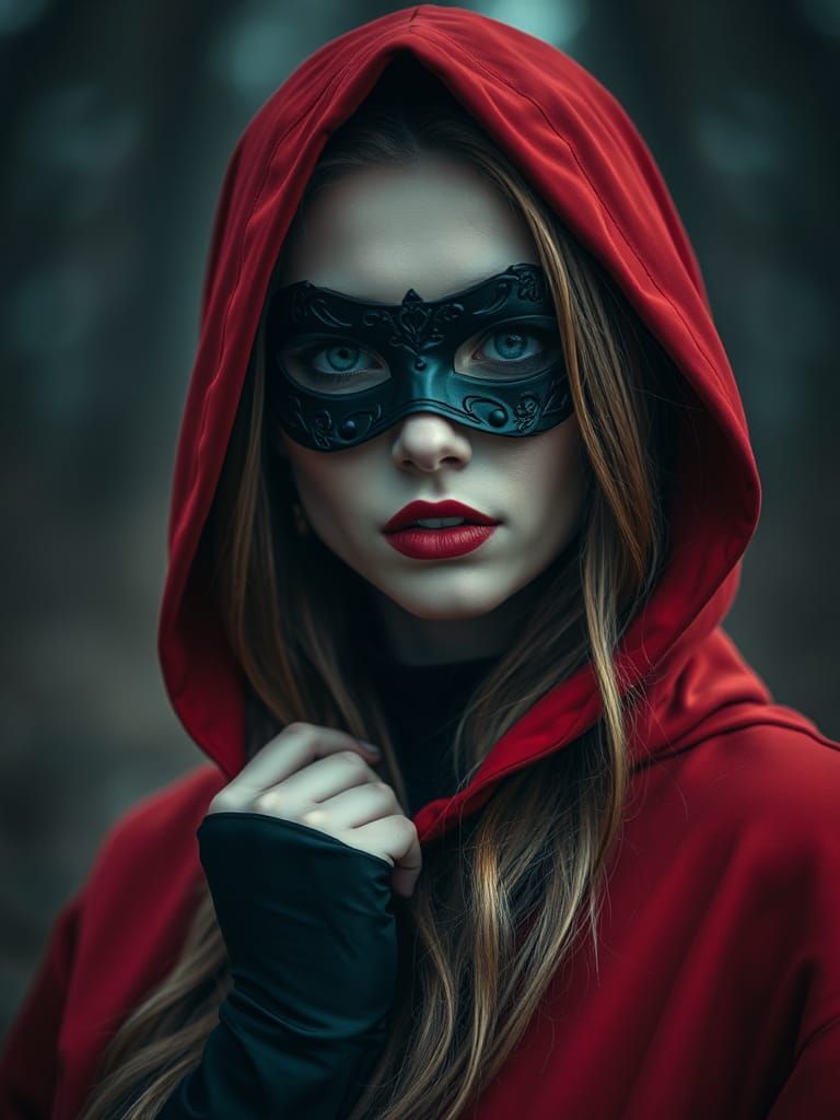 Mysterious Red Riding Hood with Eye Mask