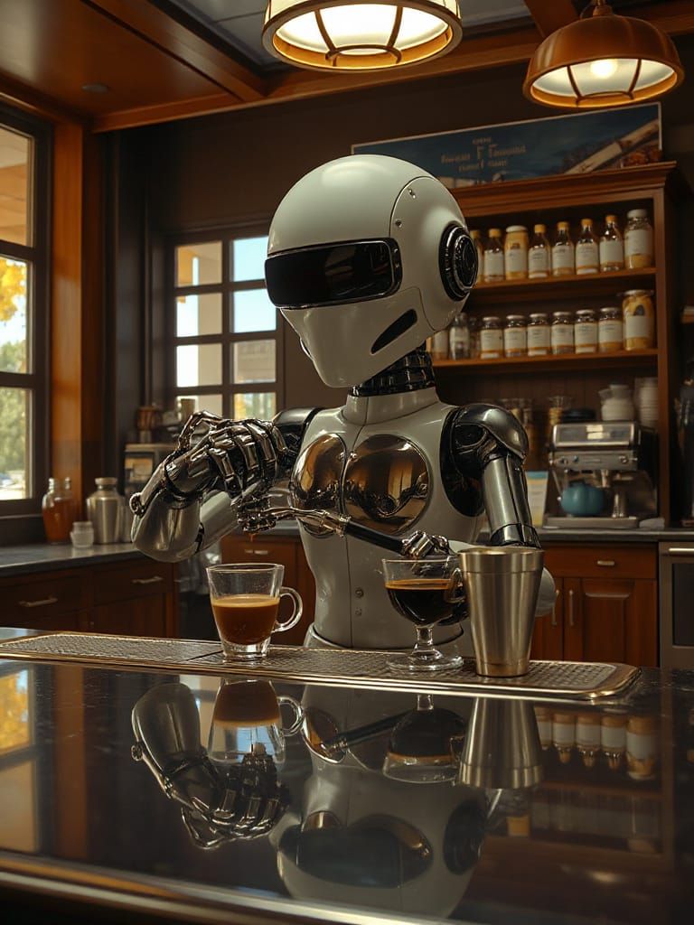 Robot Barista in Retro-Futuristic Style
