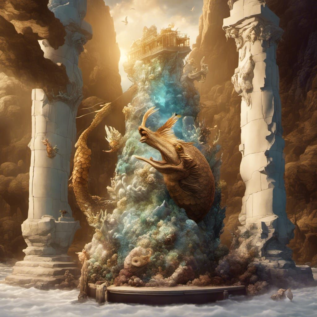 Underwater Mount Rushmore with Mermaids in Detailed Painting