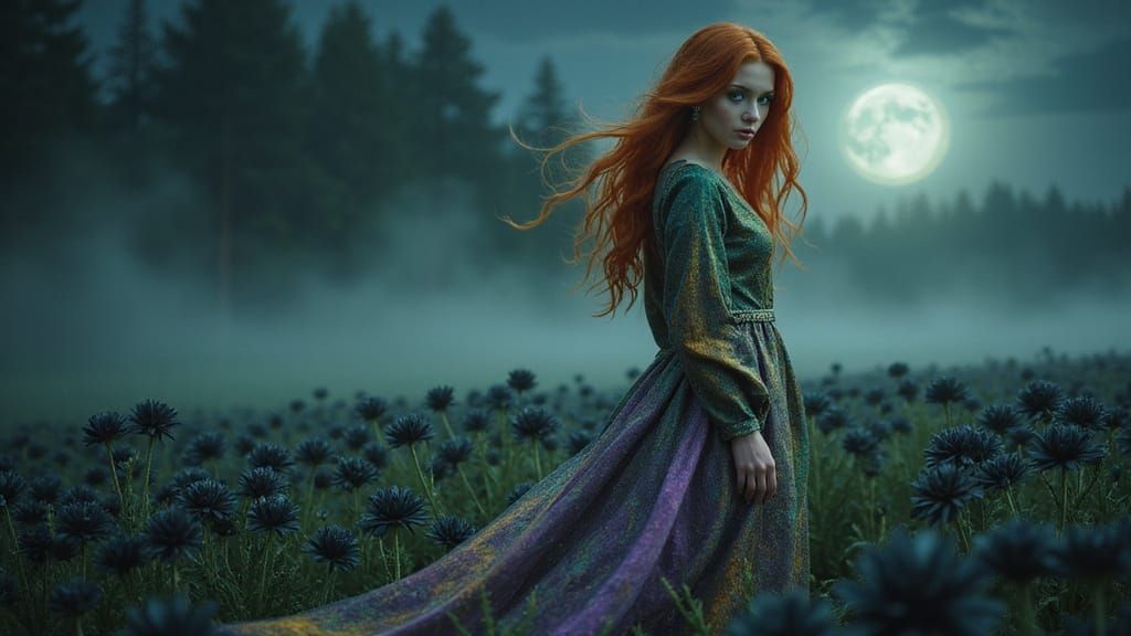 Ethereal Vampire Goddess in a Black Flower Field