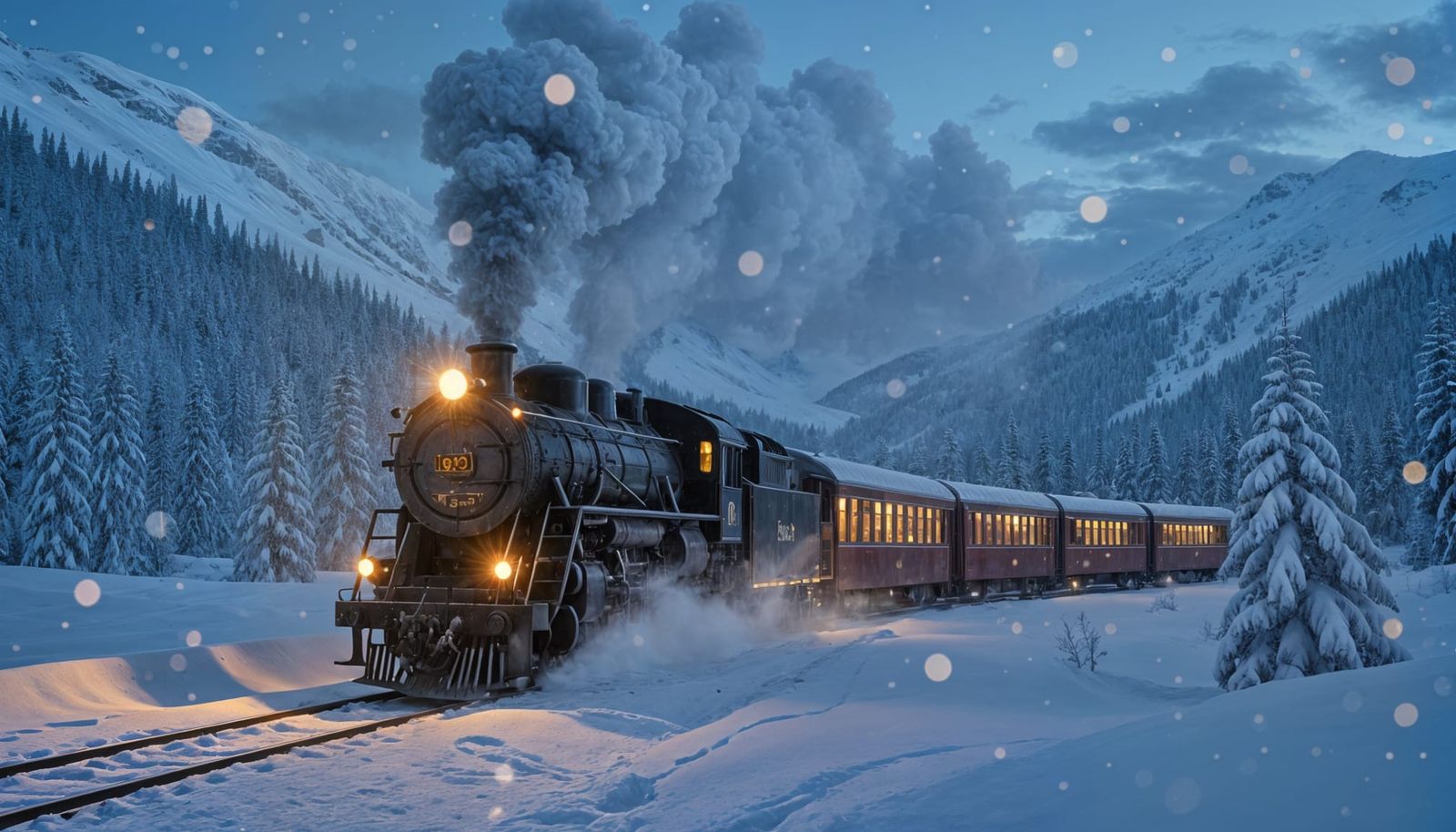 Steam Train Crossing Frozen Pass at Twilight
