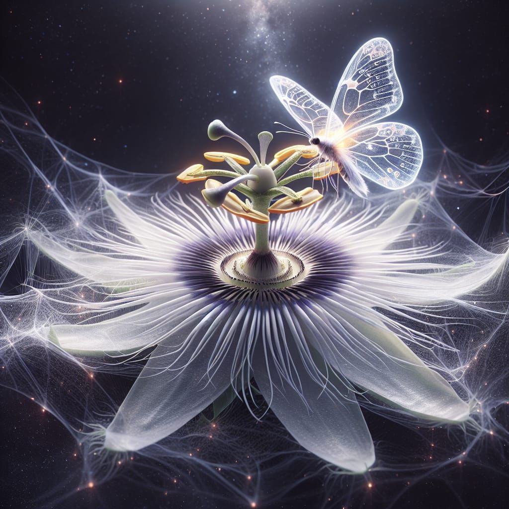 Ethereal Passion Flower with Lunar Moth in Space