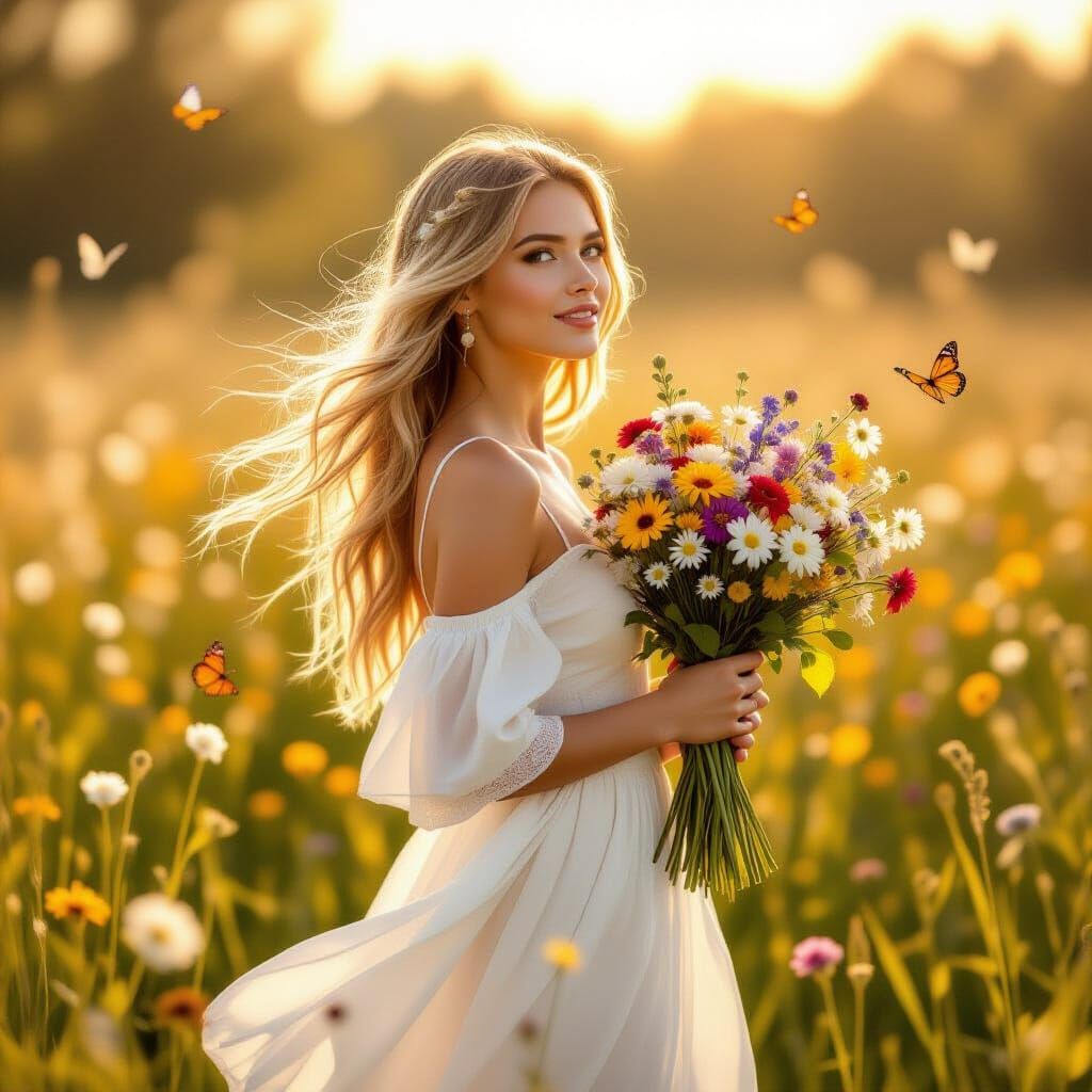 Woman in Sun-Drenched Meadow, Pre-Raphaelite Style